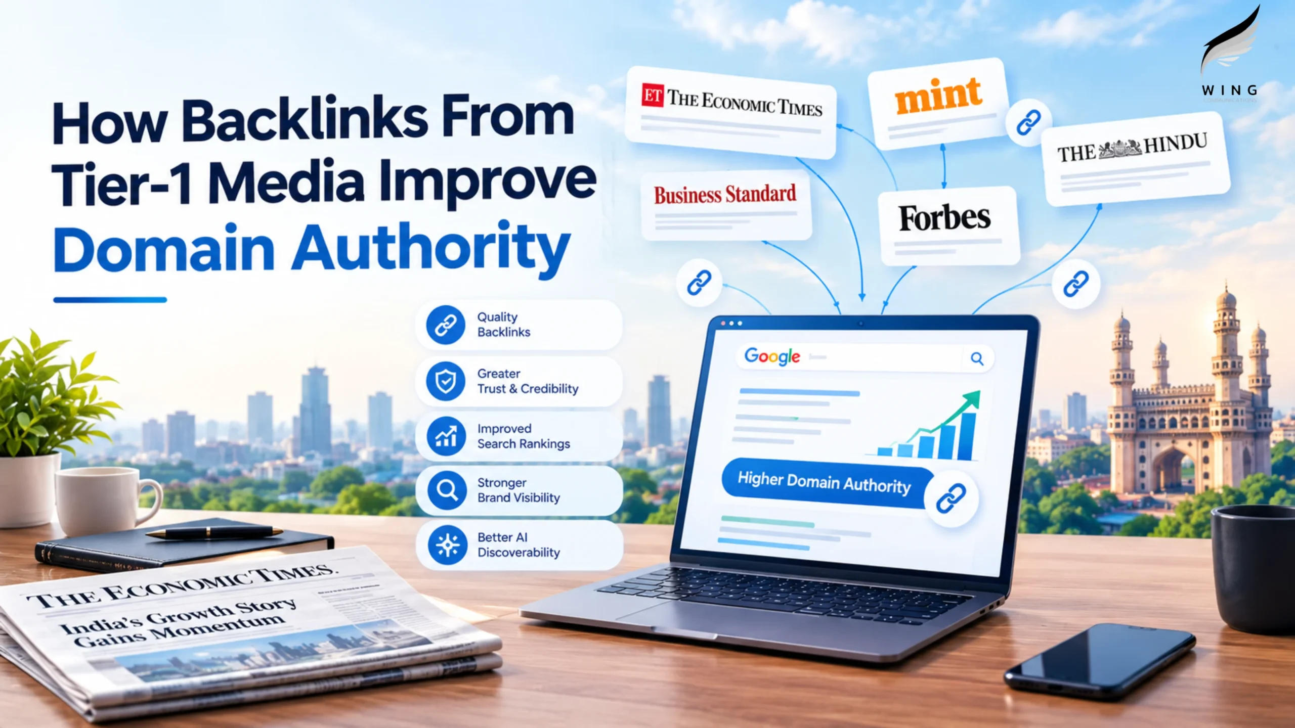Tier-1 media backlinks improving domain authority, SEO, and online visibility
