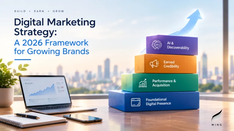 2026 digital marketing strategy framework showing digital presence, performance marketing, earned credibility, and AI discoverability.