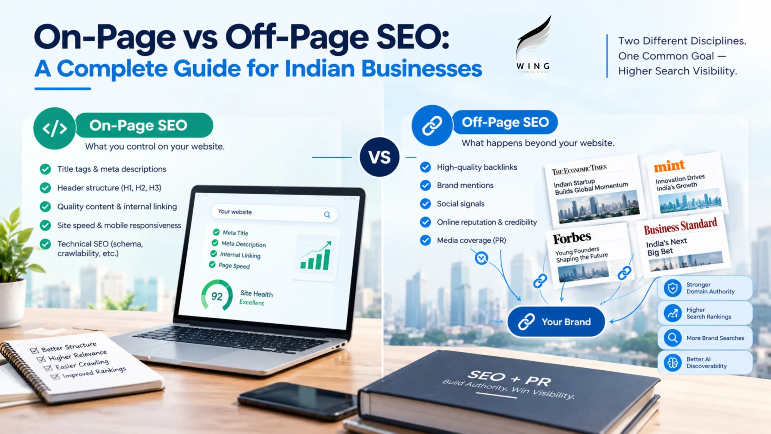 On-page vs off-page SEO comparison showing website optimization, backlinks, digital PR, and search visibility.